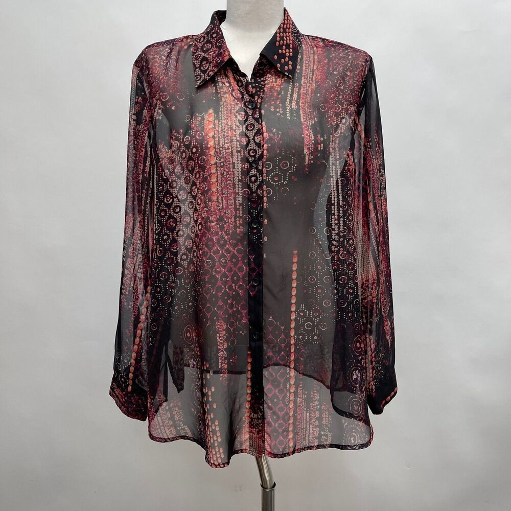 Liz Baker Women's Top Size 1X Black‎ Red Purple Orange Sheer